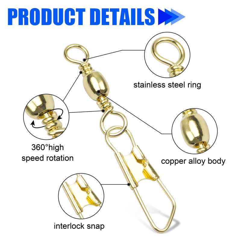 Shaddock Fishing Fishing Barrel Swivels Snaps, 100pcs Snap Swivels Fishing Tackle Leader Line Lure Connector Accessories High Strength Solid Rings for Saltwater Freshwater, Gold, 2# - Image 3